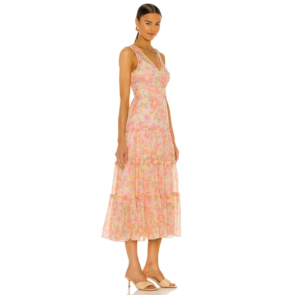 LIKELY Rachel Tiered Midi Dress 0 Floral Print Peach Pink Sleeveless Chiffon NWT - Picture 2 of 6